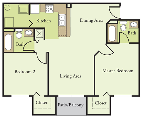 Floor plan for 2 beds, 2 baths, 900 sqft